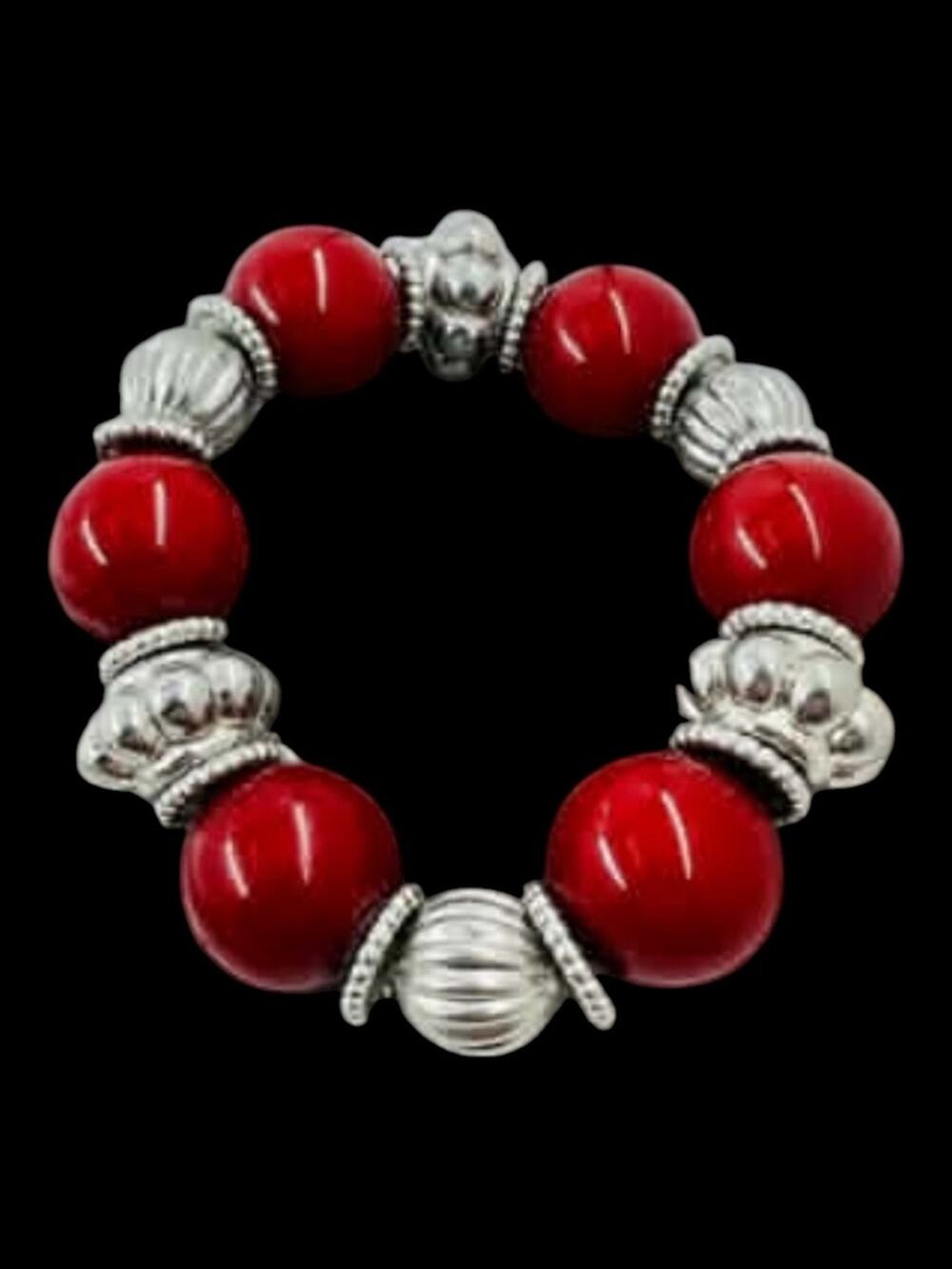 Wine Read Beaded Stretch Bracelet with Silver Accents